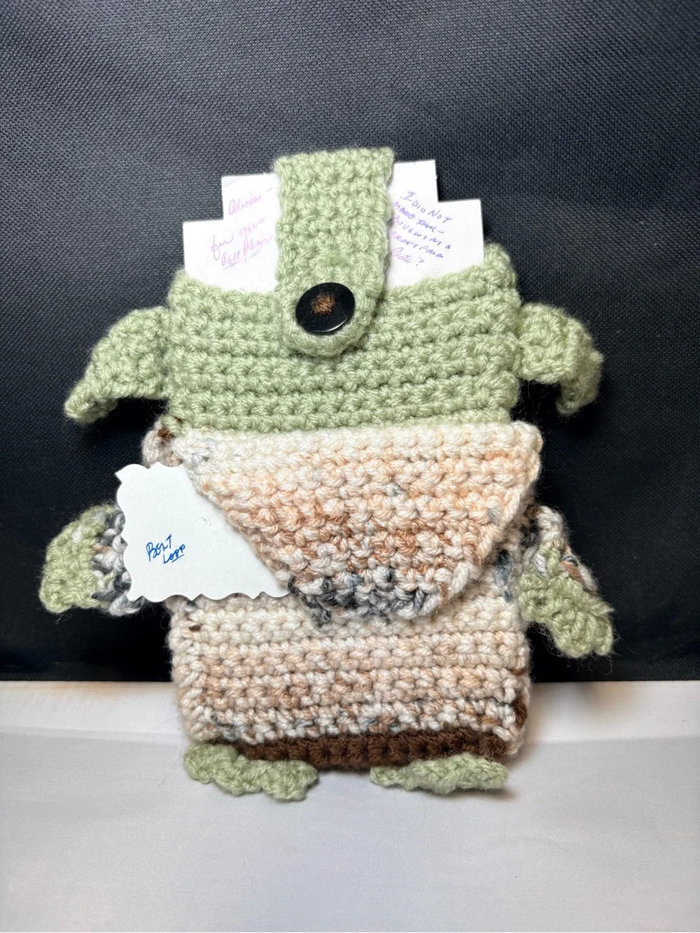 Handmade Crochet Baby Yoda/Grogu? Sage Green & Brown Belt Phone Holder